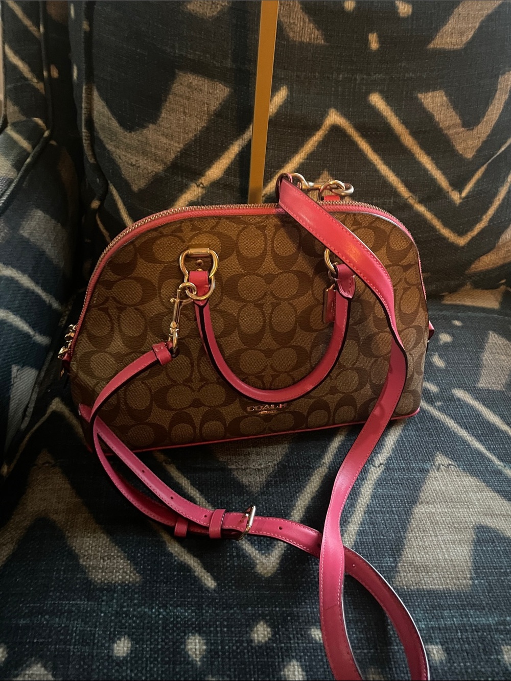 Coach Brown Signature Satchel with Pink Trim and Strap - Picture 9 of 11